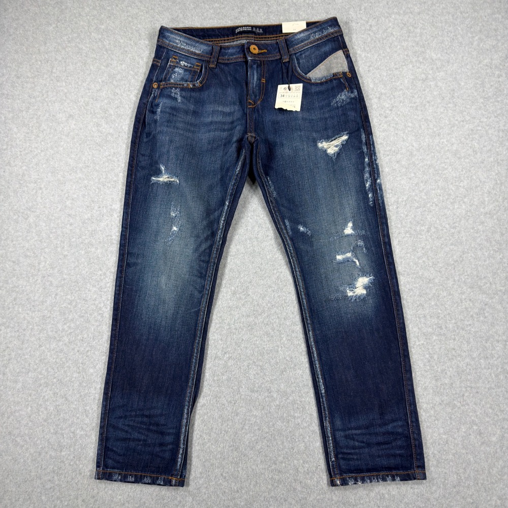 Zara Basic Jeans Womens 2 Dark Blue Distressed Relaxed Fit New
